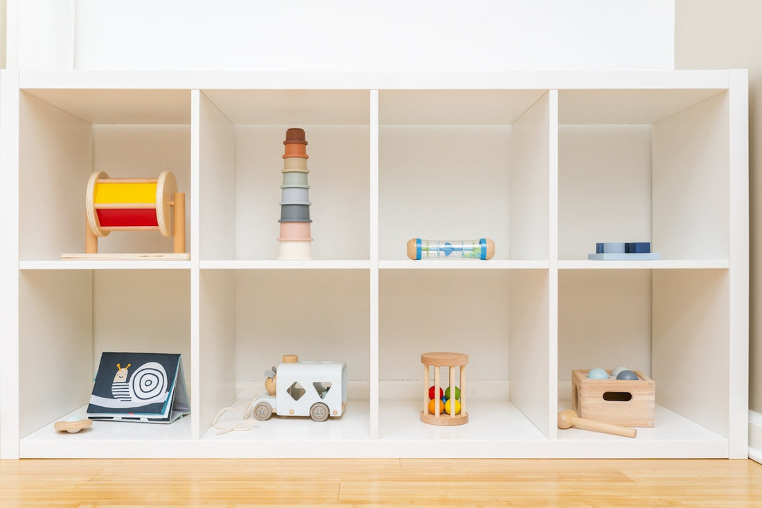 a shelf filled with lots of different types of montessori toys