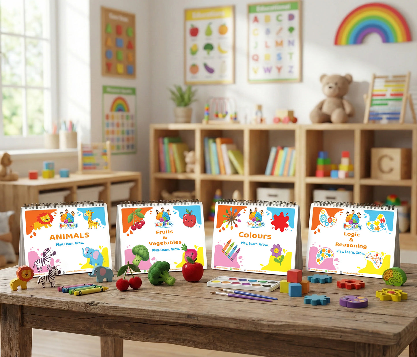 Busy Brains Montessori Activity Binder Combo for toddlers featuring animals, fruits and vegetables, colours, and logic and reasoning in a playroom setting