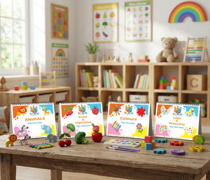 Busy Brains Montessori Activity Binder Combo for toddlers featuring animals, fruits and vegetables, colours, and logic and reasoning in a playroom setting